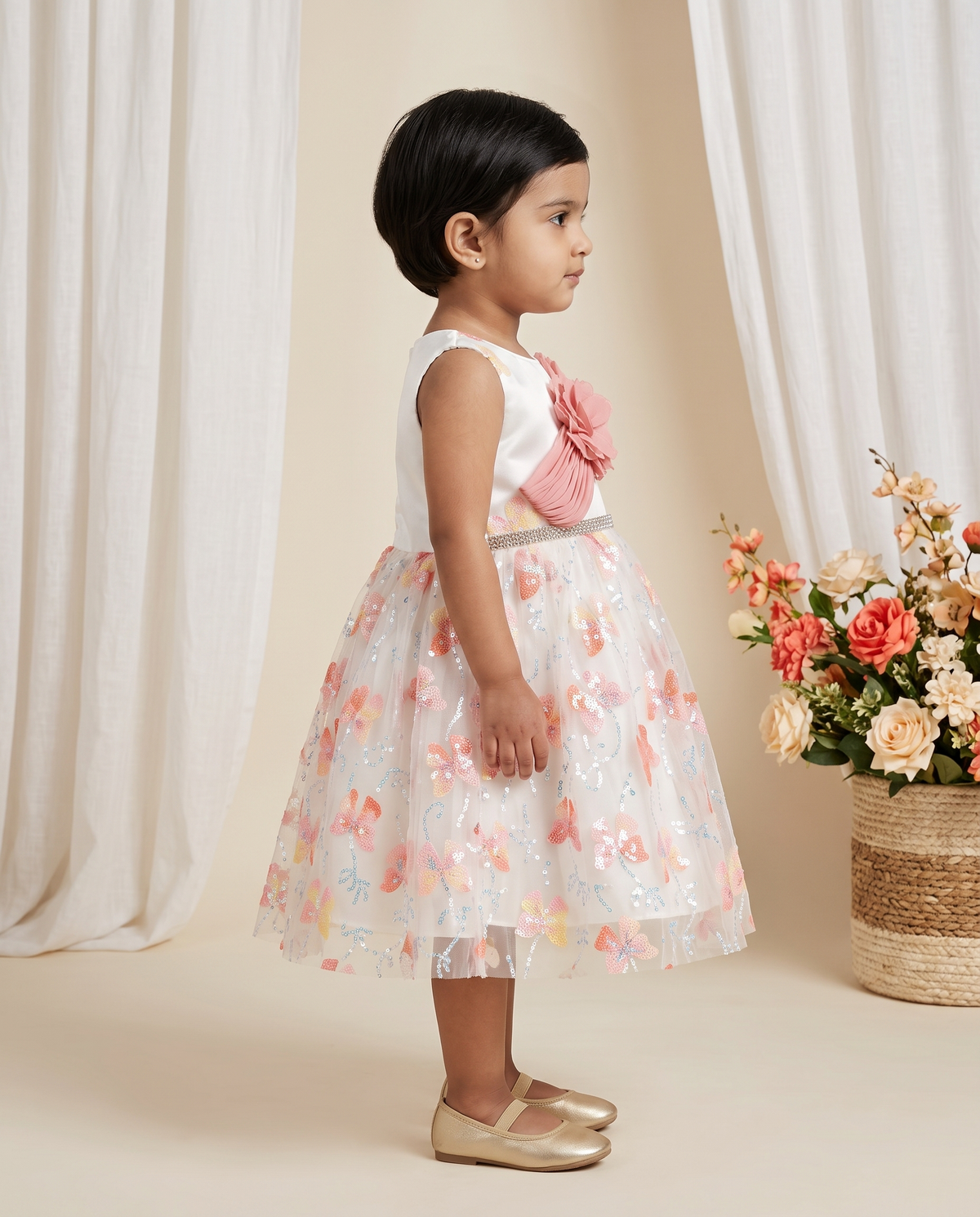 Girls' White & Pink Net Sequin Frock with Organza Floral Detail