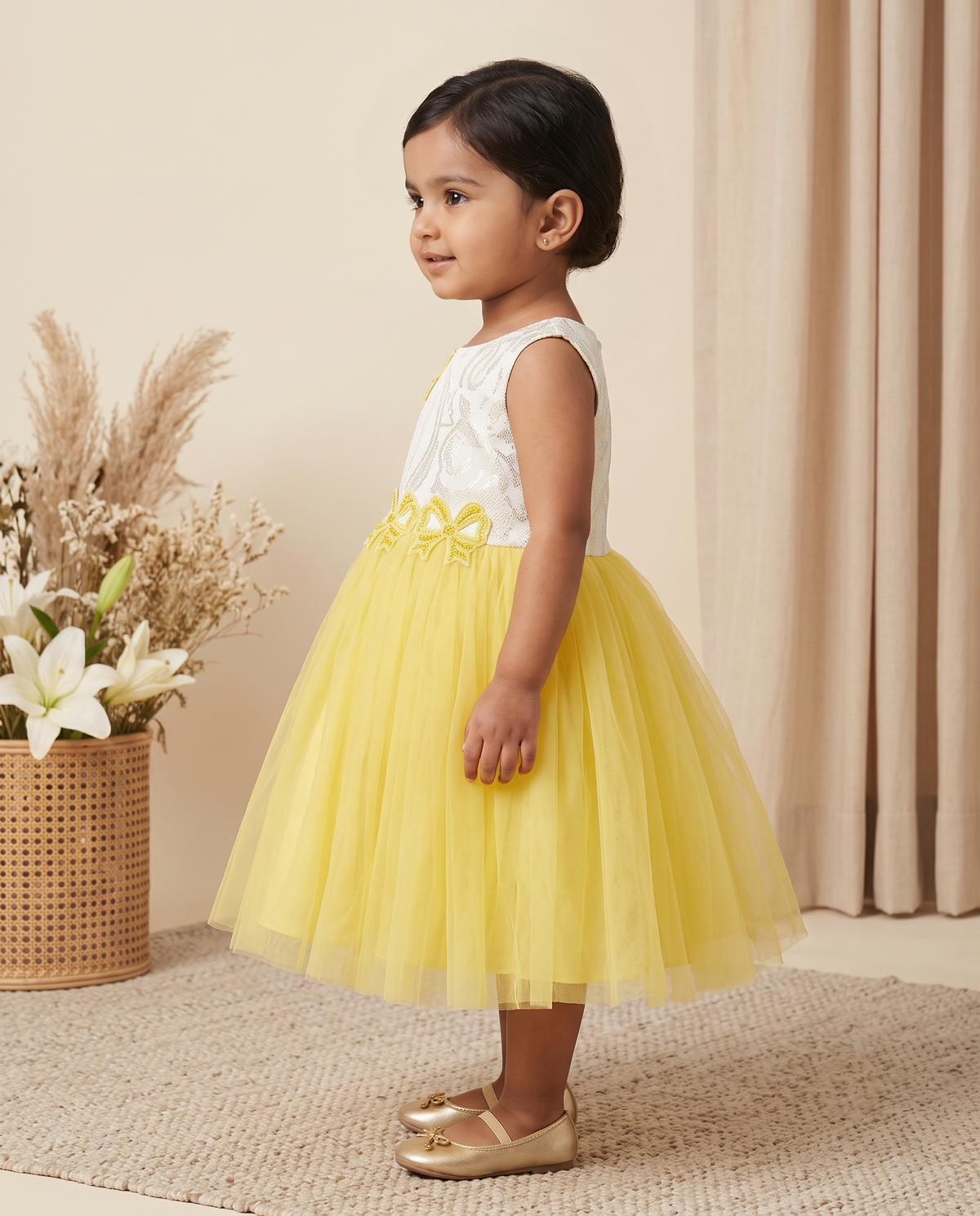 Infant Girls' White & Yellow Brocade Net Party Frock with Glitter & Pearl Bow