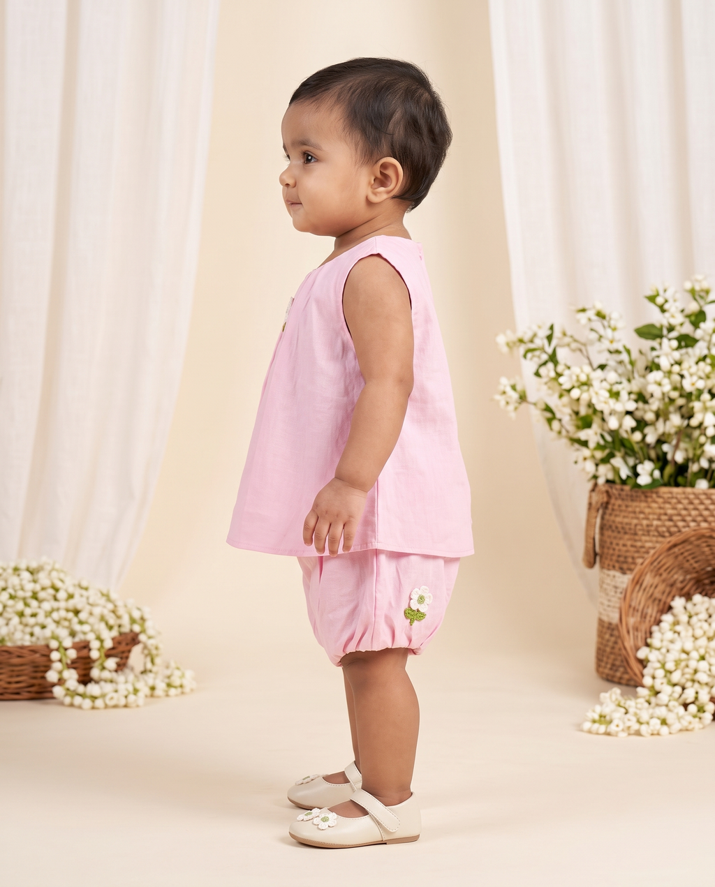 Infant Girls' Pink Cotton Top & Bloomer Set with Floral Applique