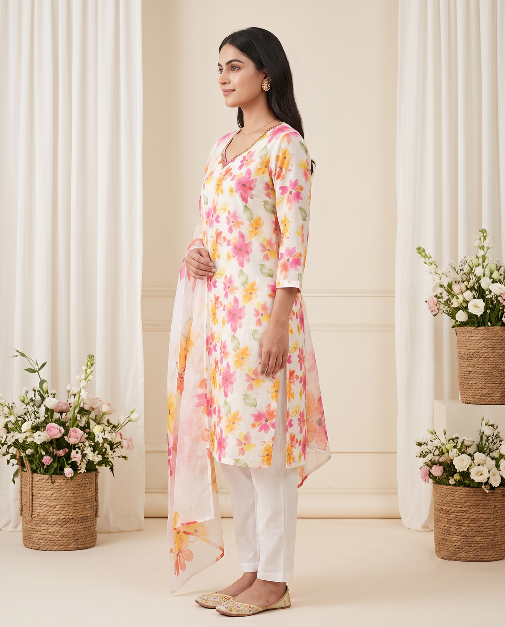 Women's White Multicolour Floral Print Khadi Cotton Kurta Set with Dupatta