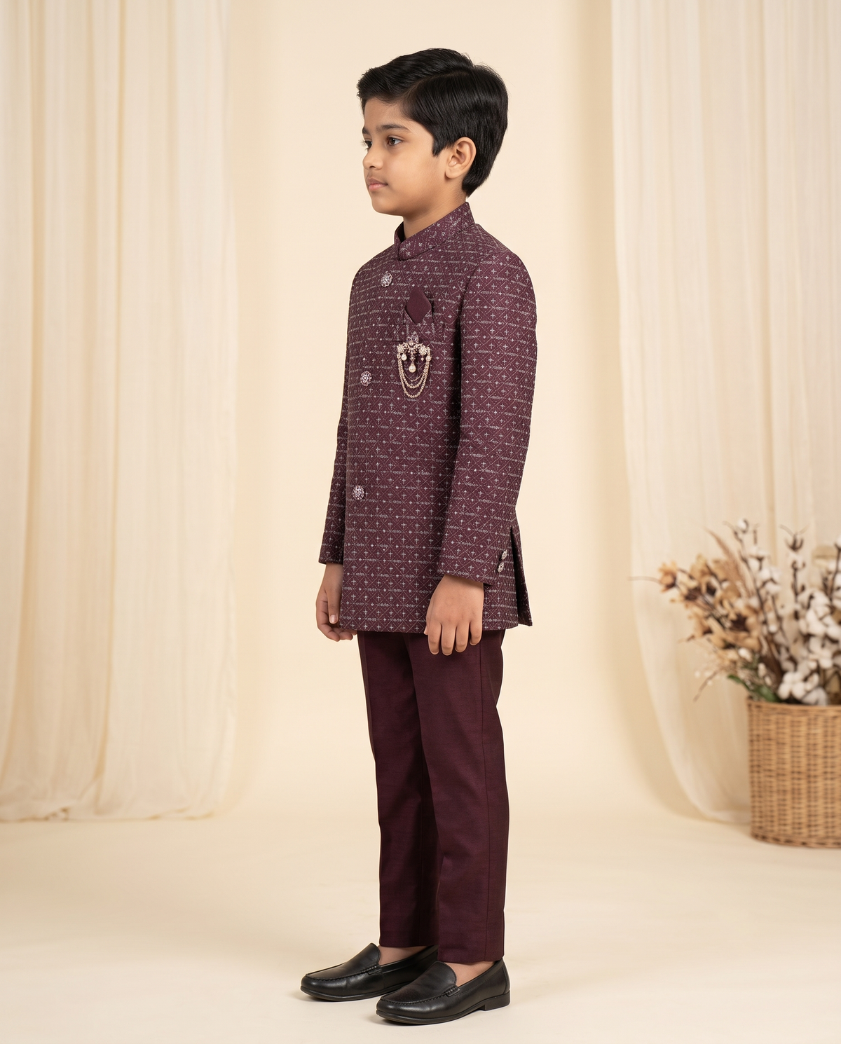 Boys' Wine Embroidered Sherwani Kurta