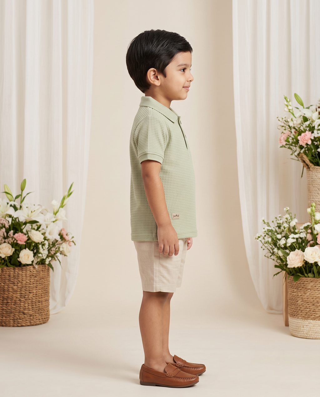 Boys Sage Green Waffle Textured Polo T-Shirt