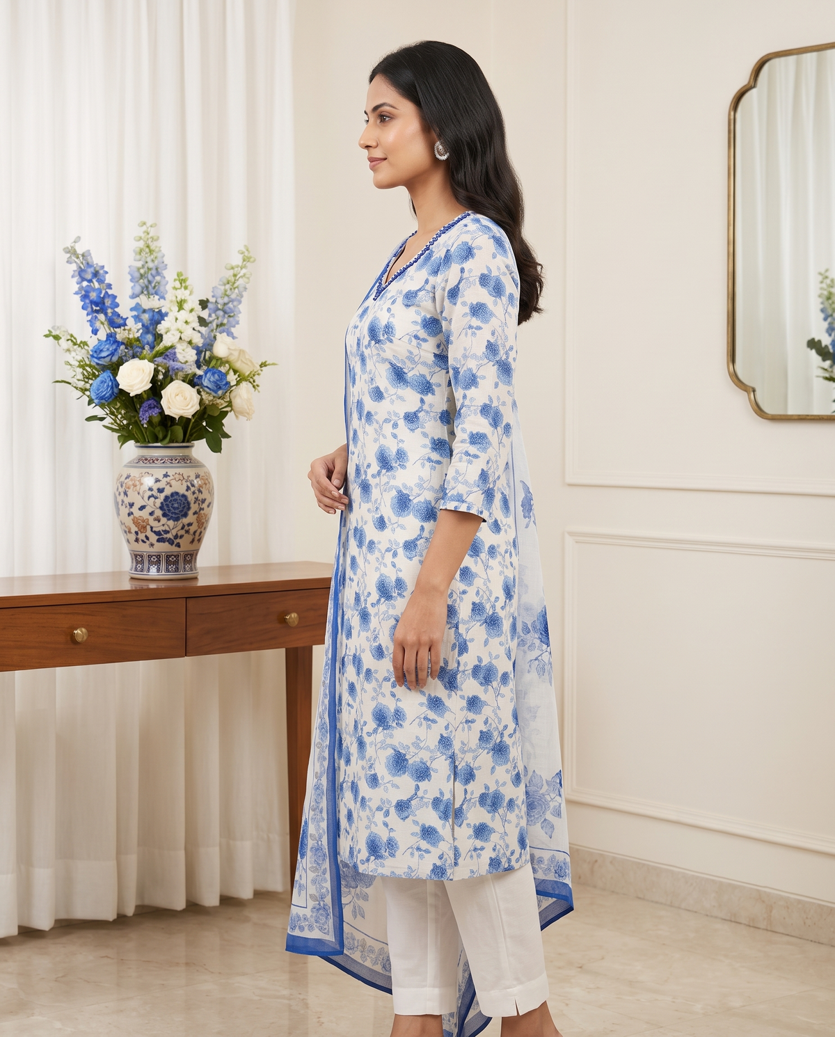 Women's White & Blue Floral Printed Kurta Set with Dupatta