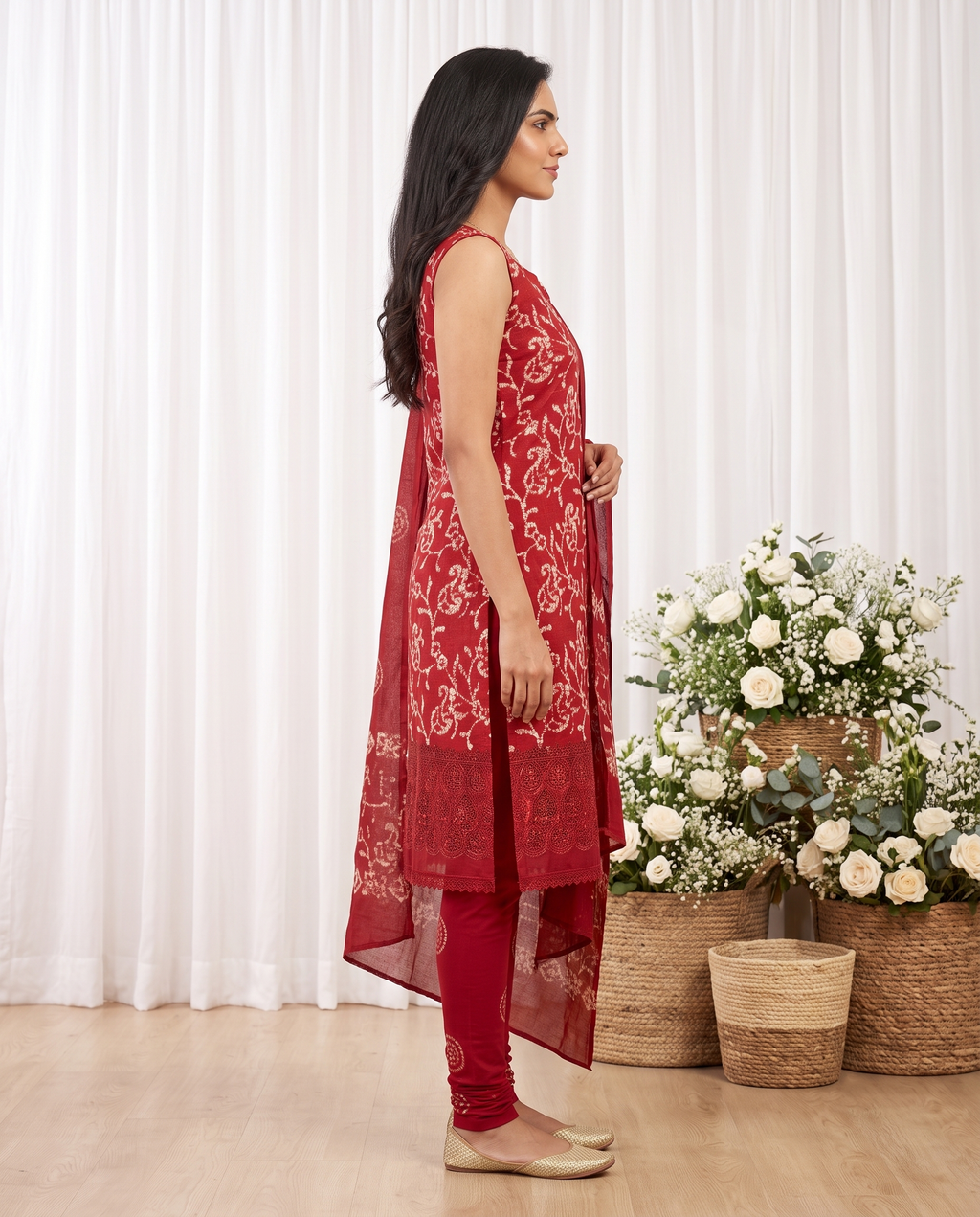 Women's Deep Red Bandhini Print Cotton Kurta Set with Dupatta