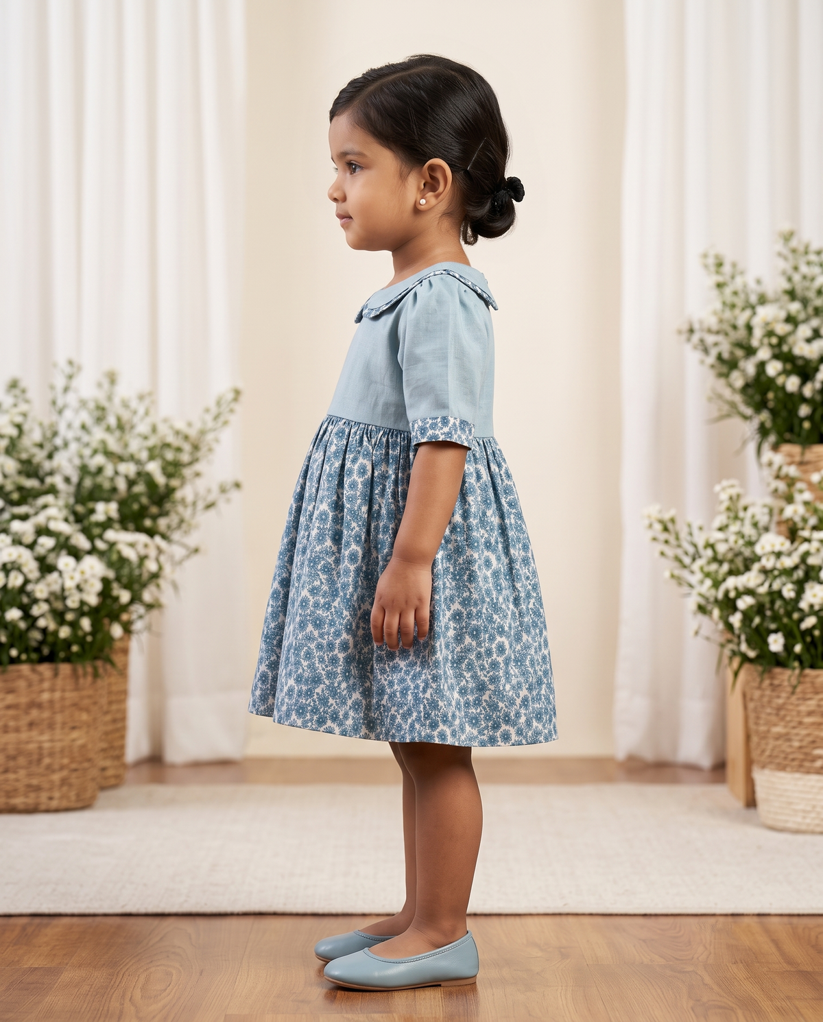 Powder Blue Floral Printed Girls Dress — Peter Pan Collar