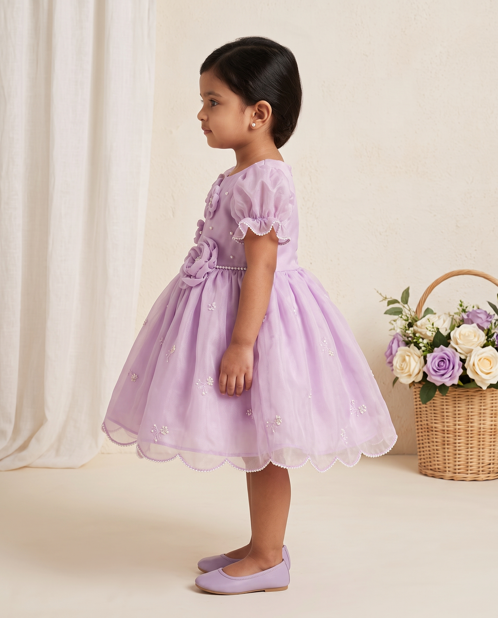 Lavender 3D Floral Organza Dress for Girls