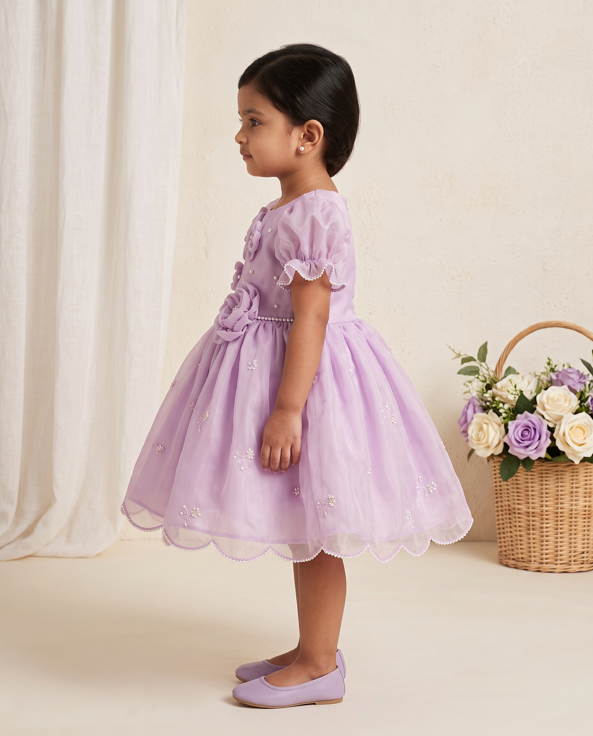 Lavender 3D Floral Organza Dress for Girls