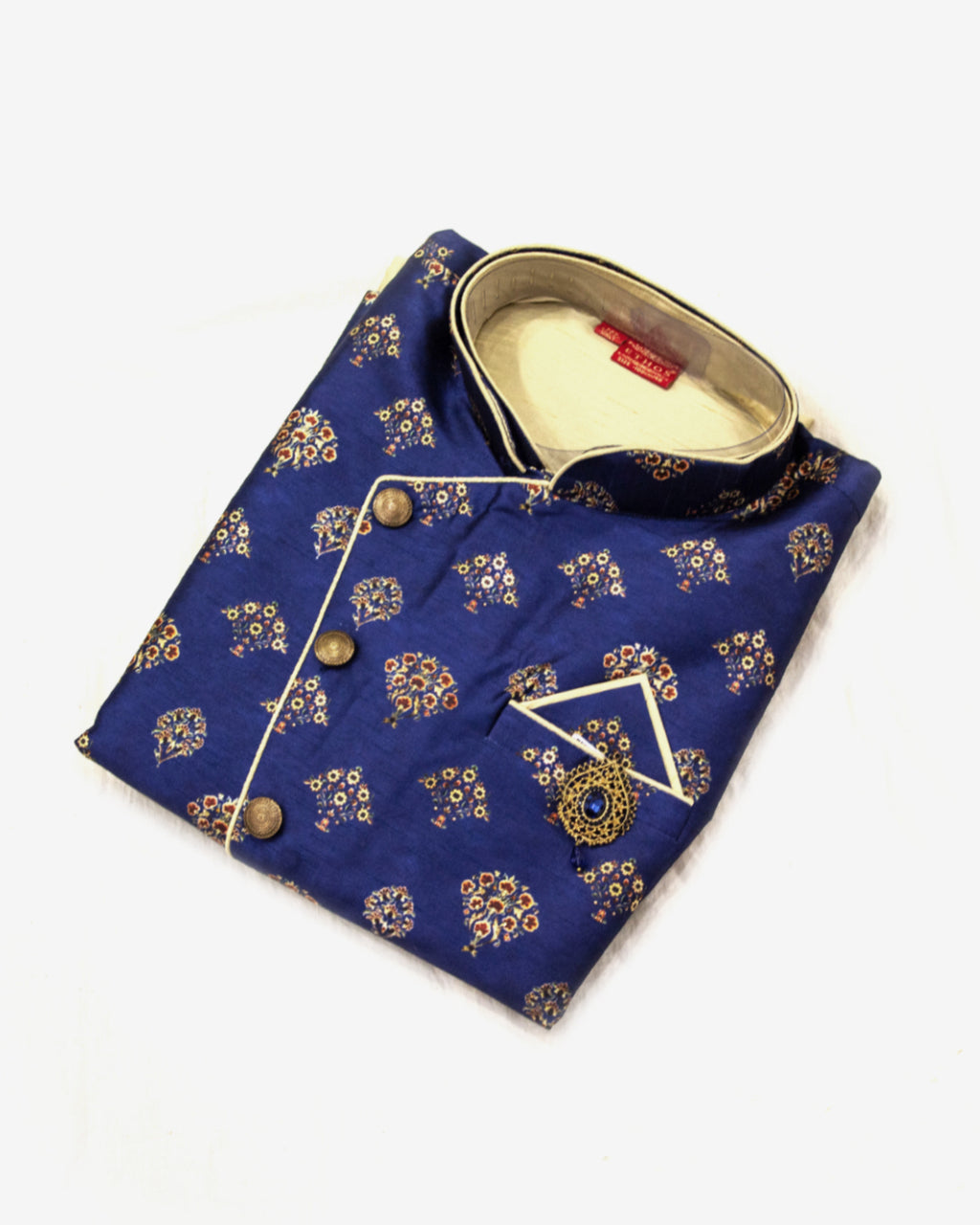 Men's Royal Blue Booti Printed Nehru Jacket & Cream Kurta Set