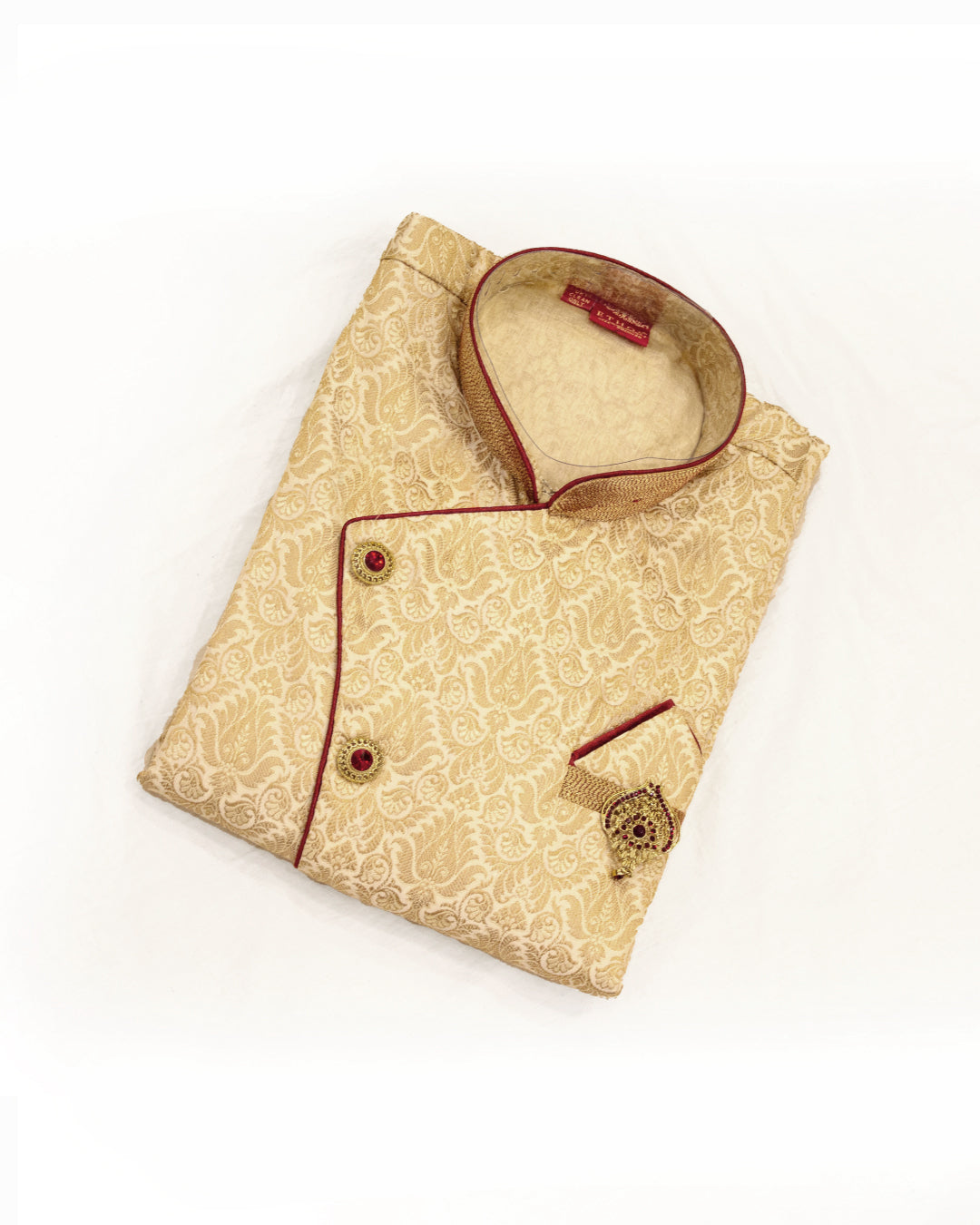 Men's Gold Jacquard Sherwani with Maroon Piping & Embroidered Collar