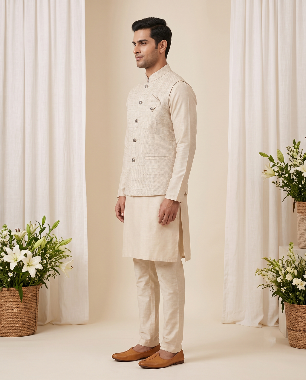 Men's Cream Textured Nehru Jacket | Men's Ethnic Modi Coat
