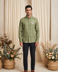 Men's Sage Green Embroidered Linen Full Sleeve Shirt