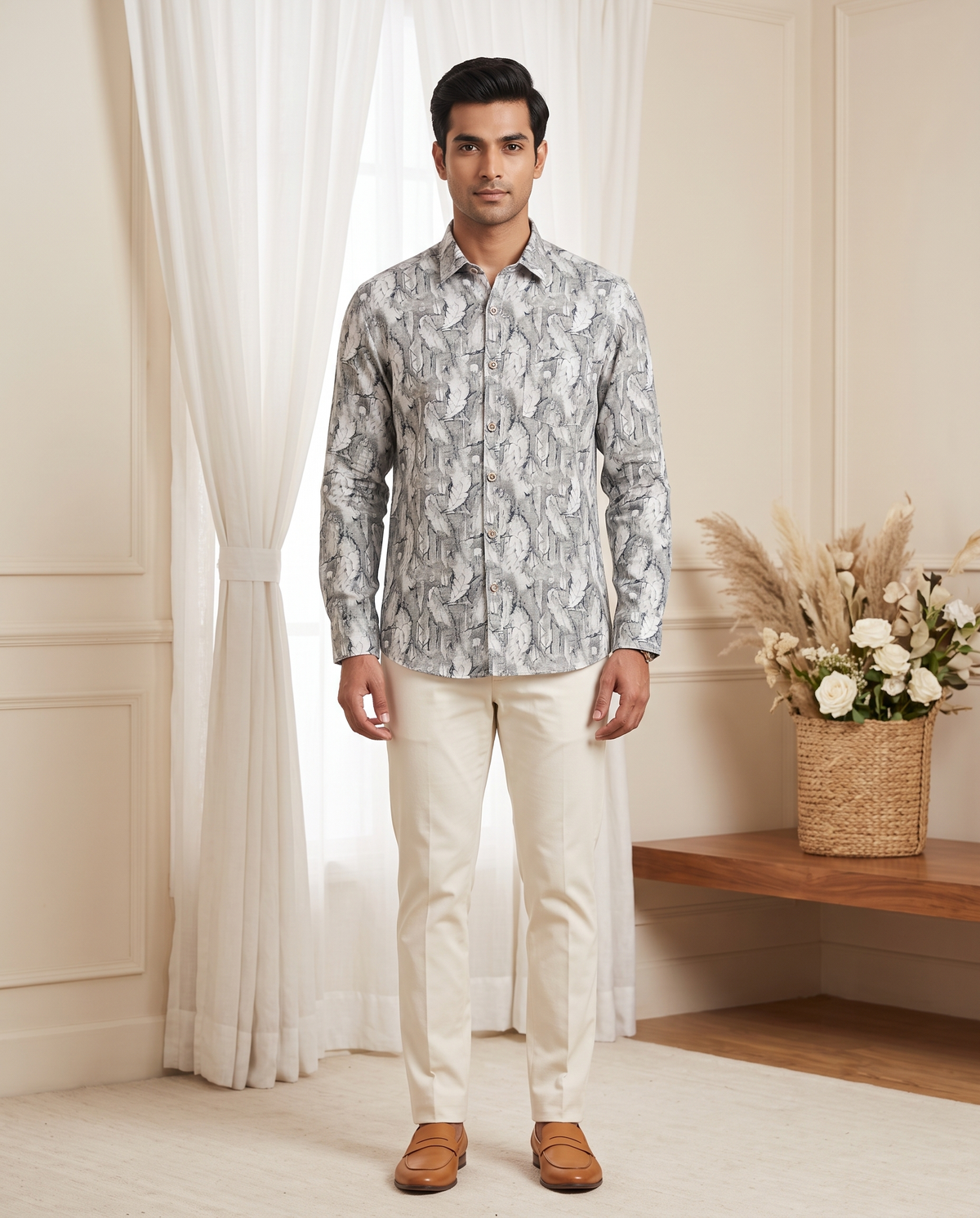 Men's Grey Crane Print Full-Sleeve Shirt