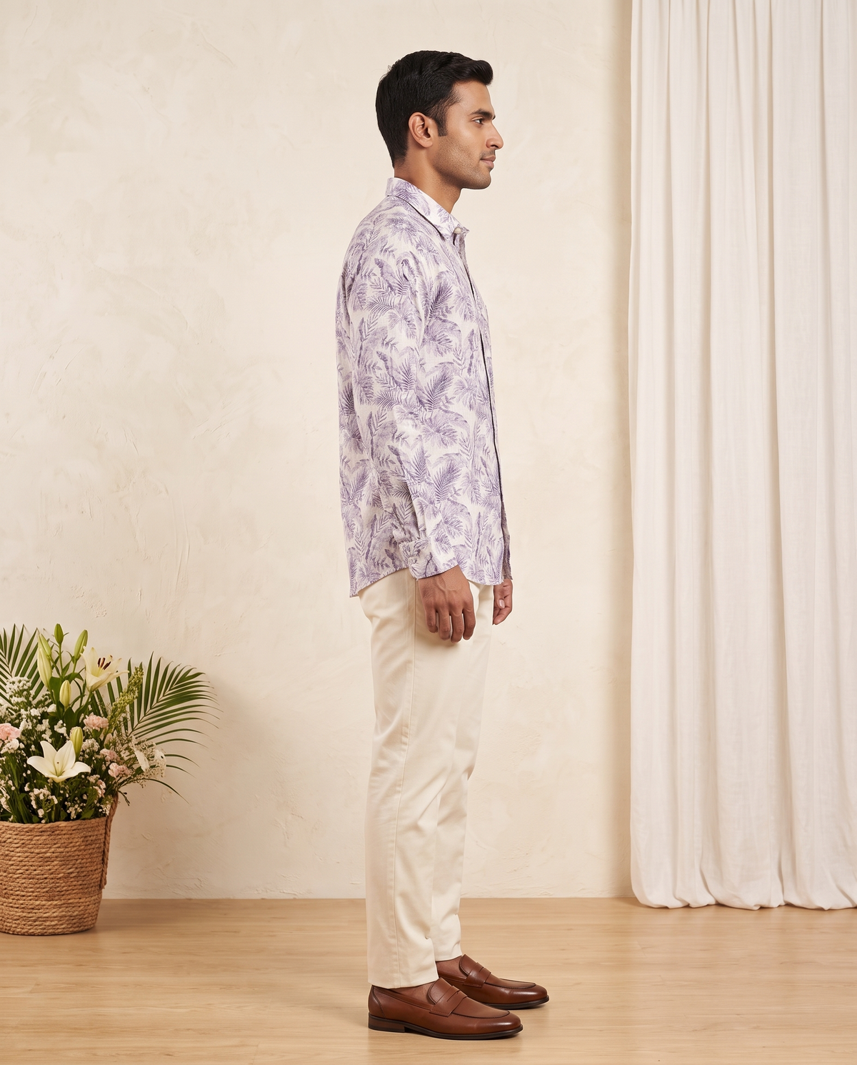 Men's Tropical Palm Leaf Printed Full Sleeve Shirt – Off White