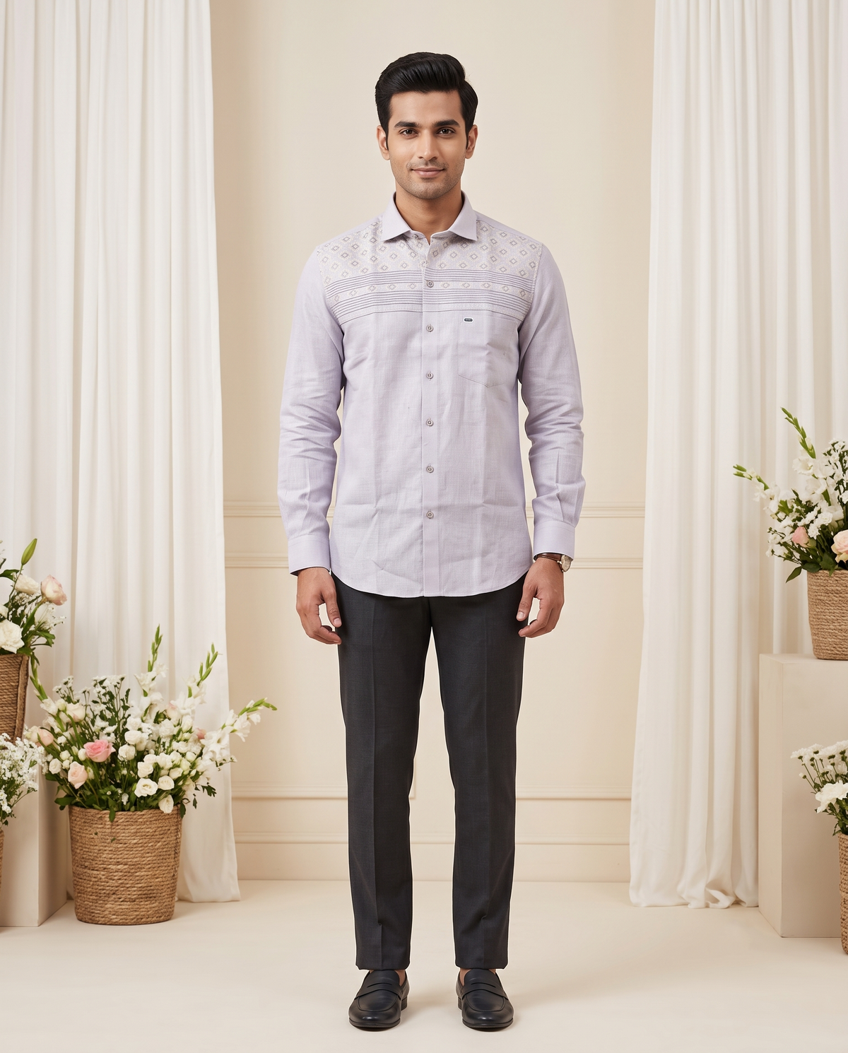 Men's Grey Embroidered Pintuck Formal Shirt