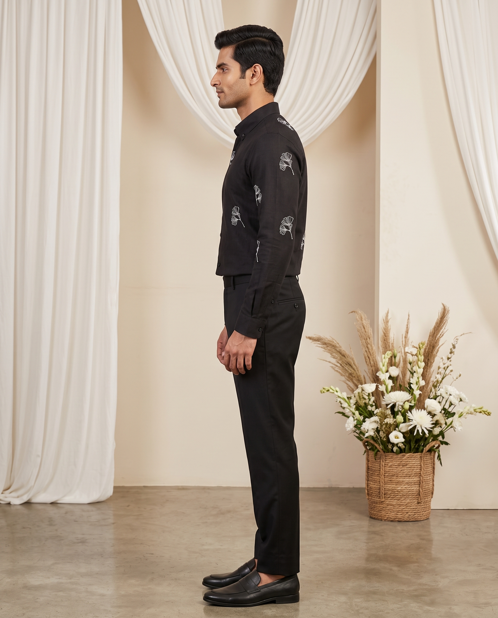 Men's Black Botanical Embroidered Full-Sleeve Shirt
