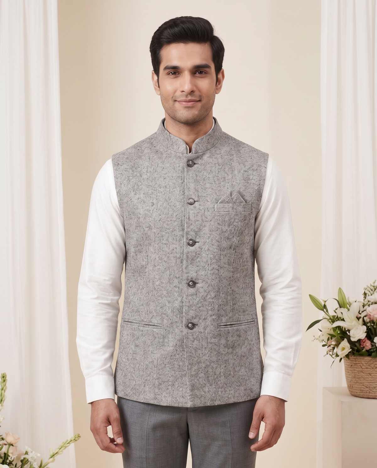 Men's Grey Textured Nehru Jacket (Modi Coat)