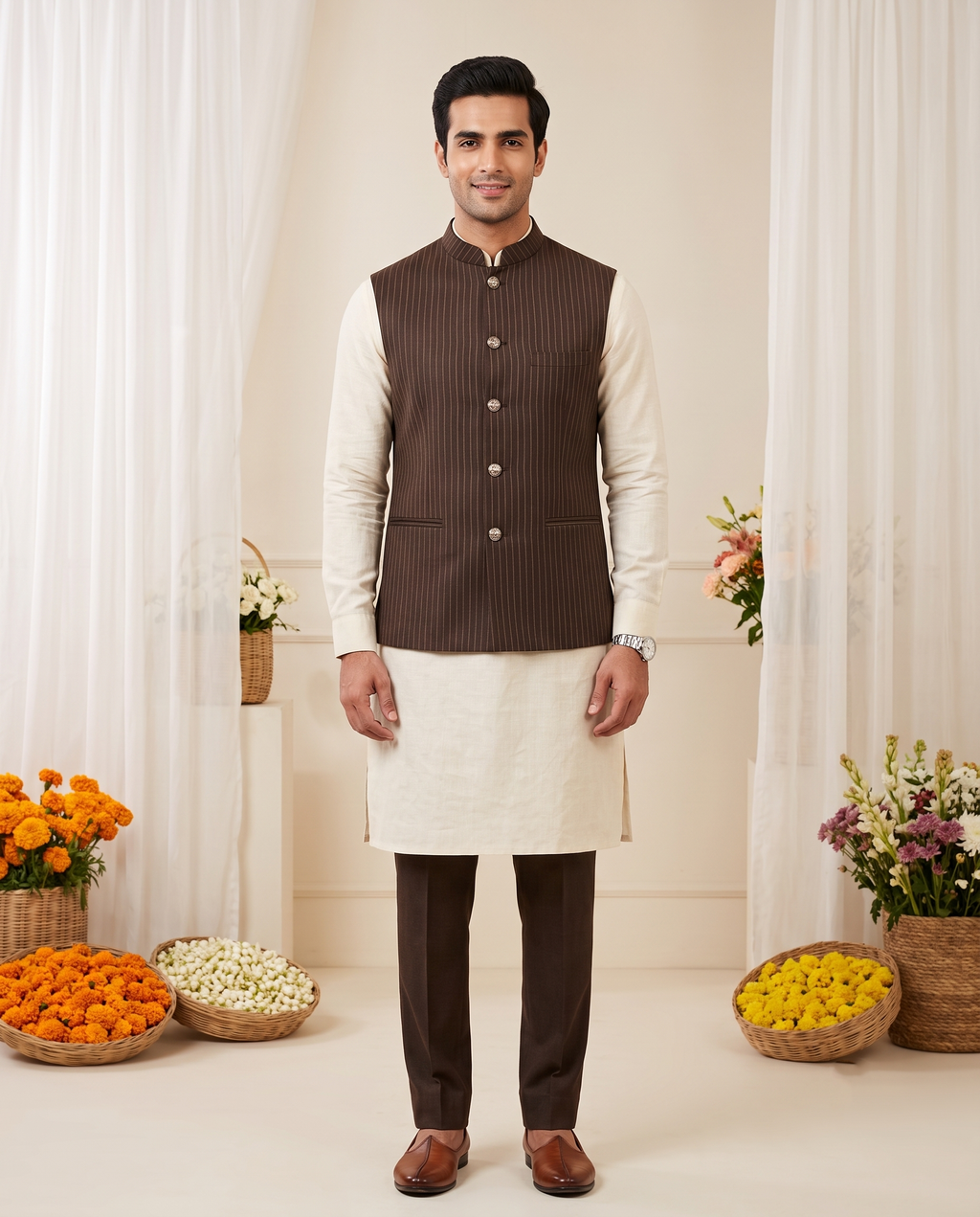 Men's Nehru Jacket (Modi Coat) – Dark Brown Pinstripe