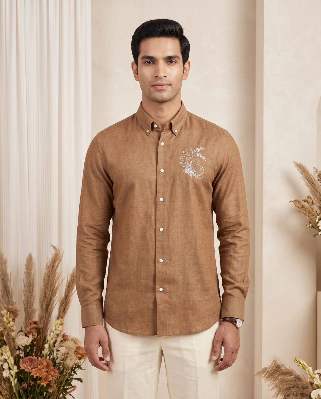 Men's Camel Brown Embroidered Linen Shirt