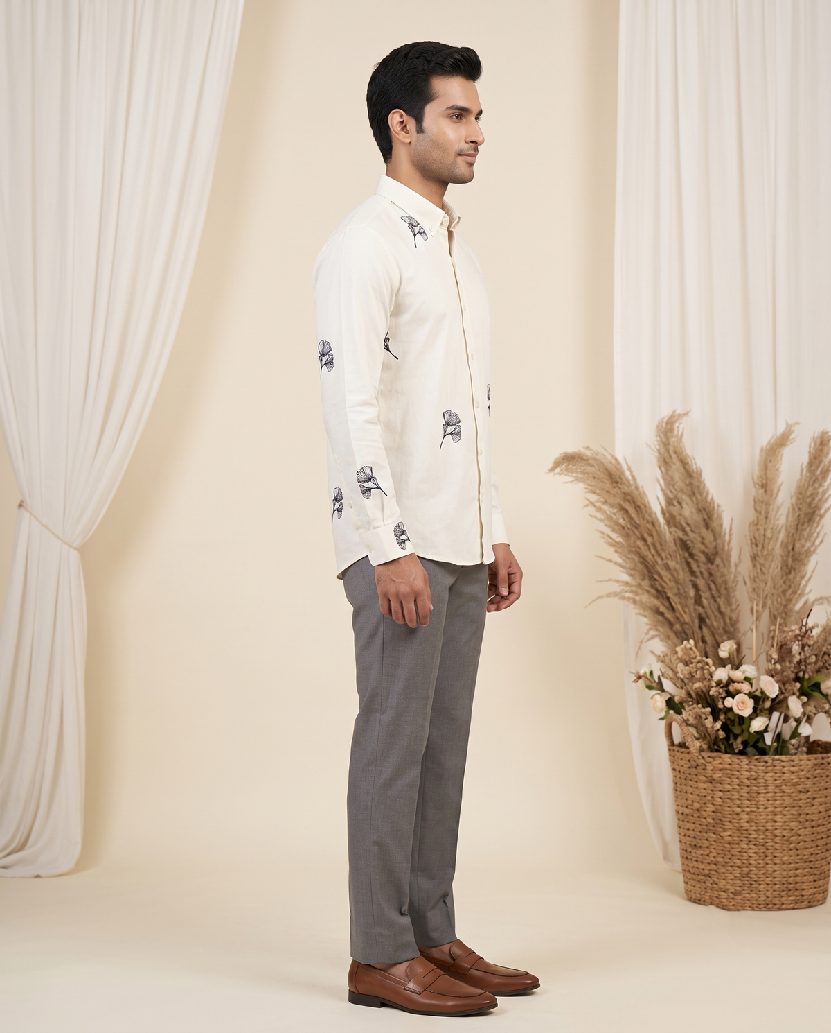 Men's White Ginkgo Embroidered Full-Sleeve Shirt