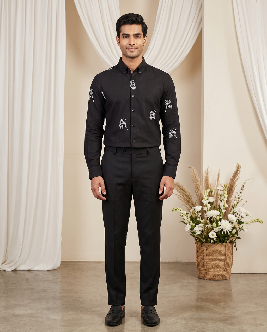 Men's Black Botanical Embroidered Full-Sleeve Shirt