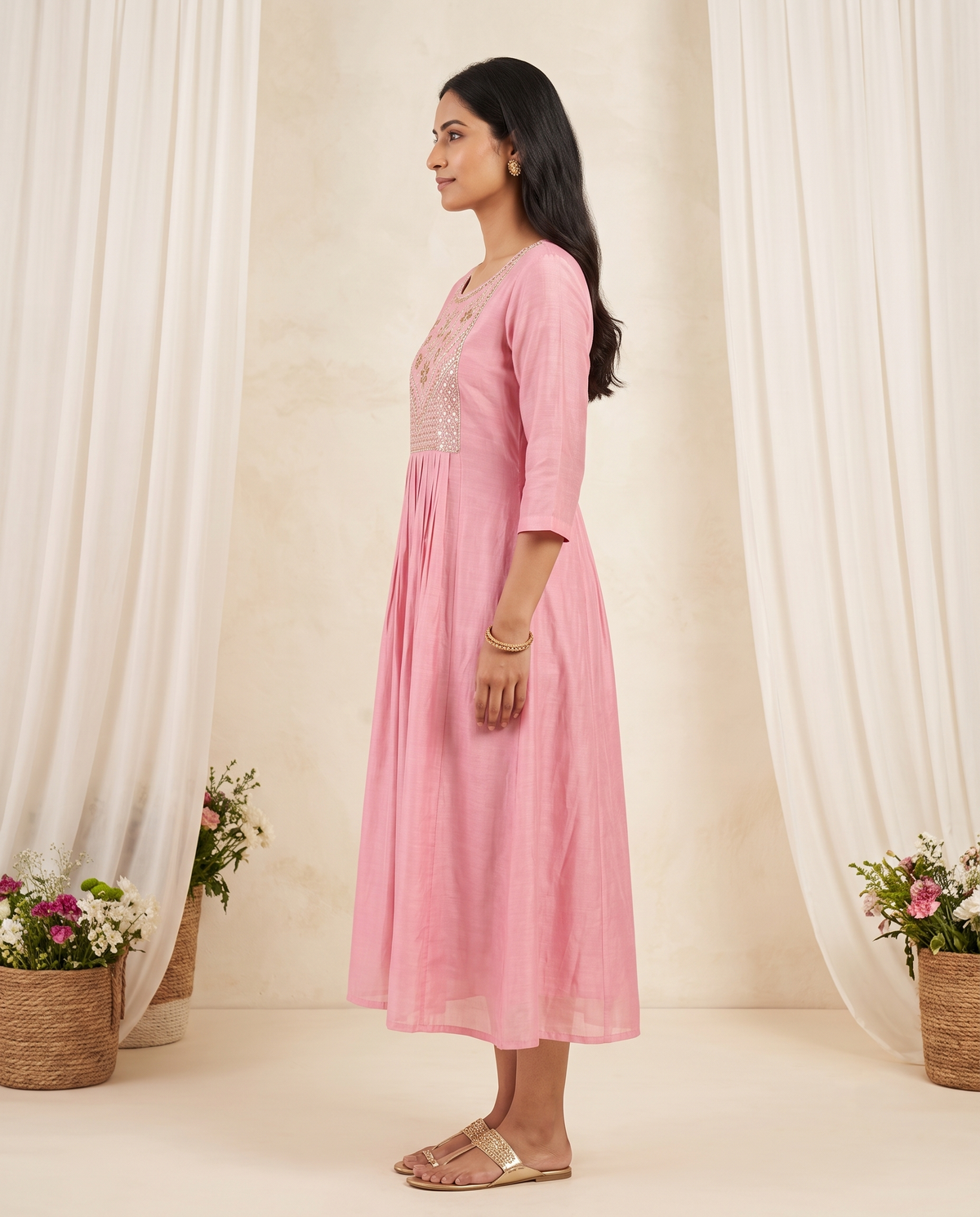Pink Umbrella Kurti in Mul Chanderi with Yoke Work