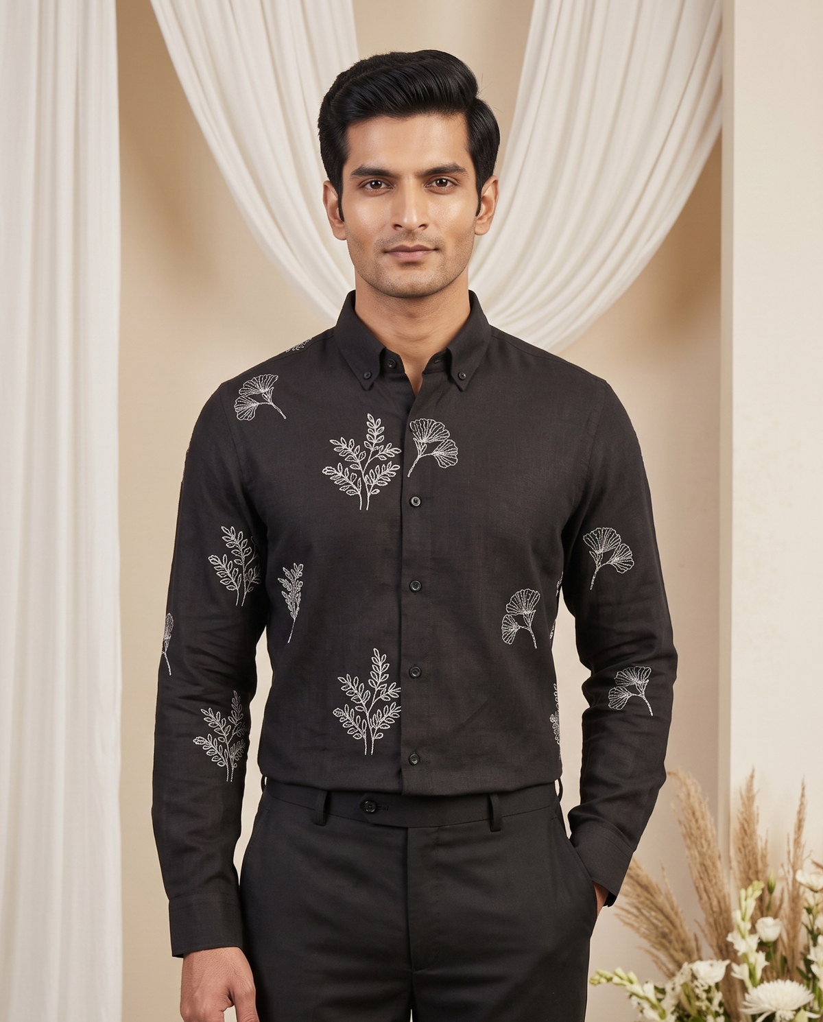 Men's Black Botanical Embroidered Full-Sleeve Shirt