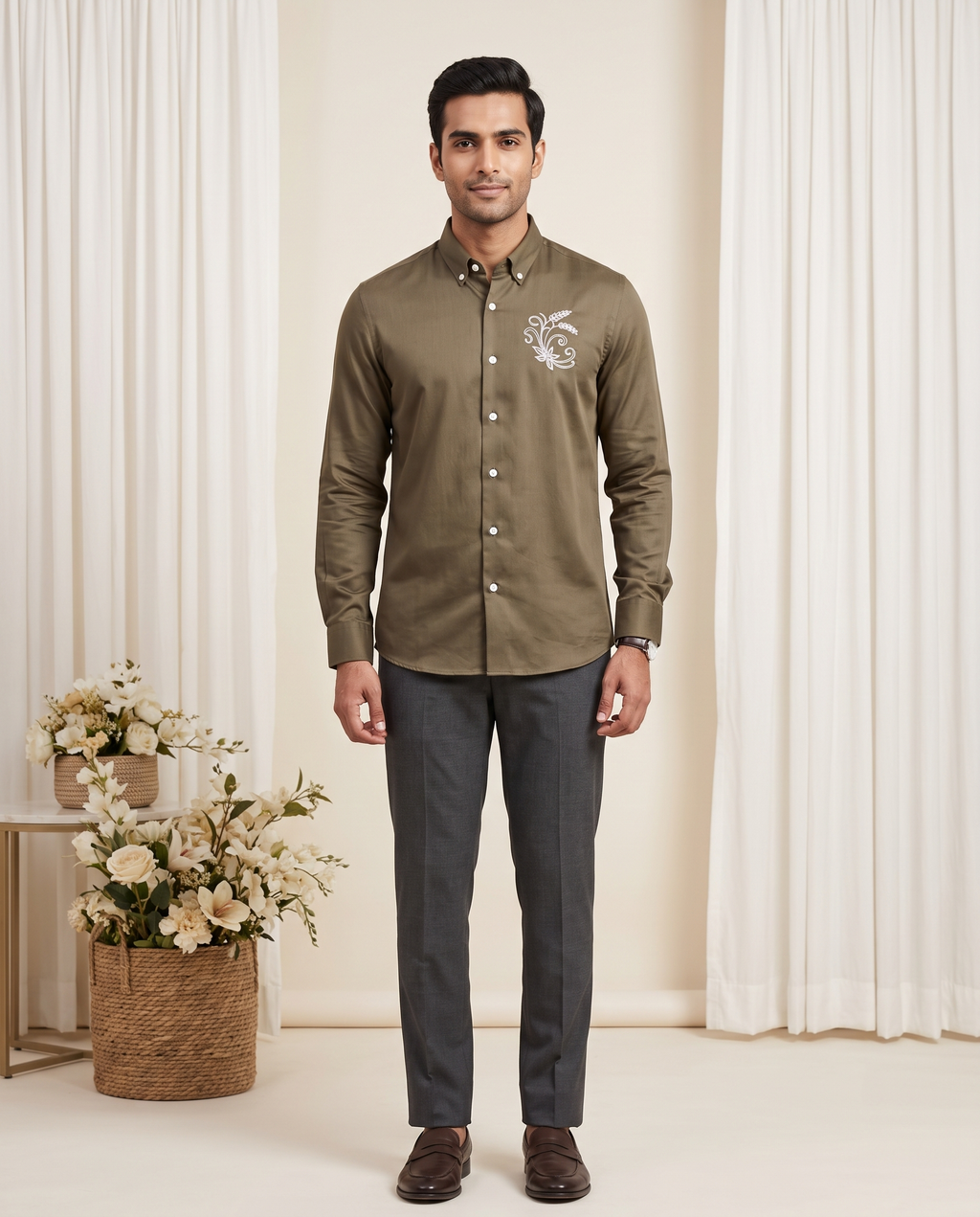 Men's Olive Embroidered Linen Full-Sleeve Shirt