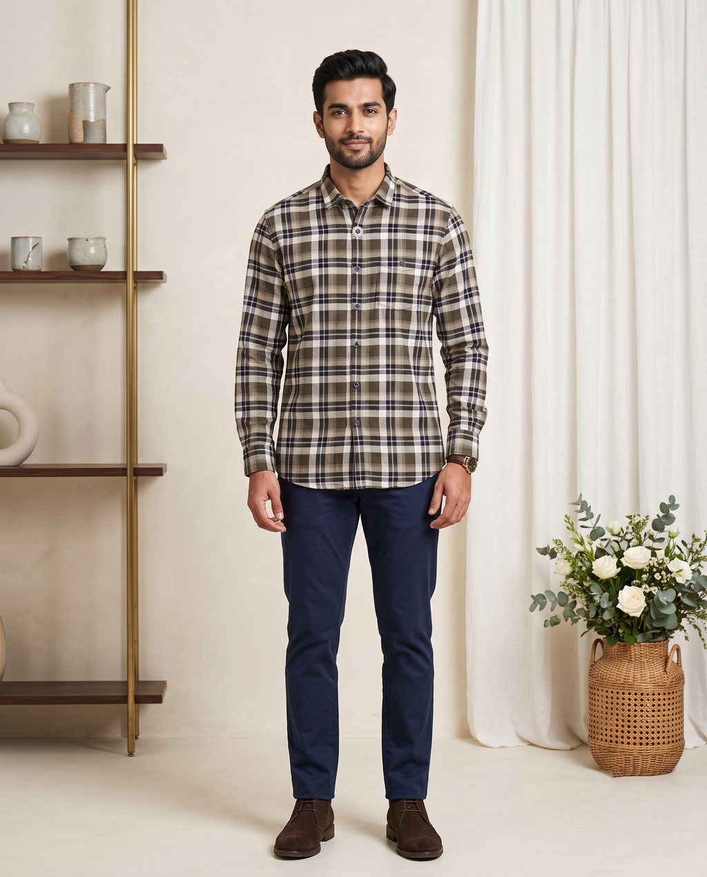 Men's Olive & Navy Plaid Full-Sleeve Shirt