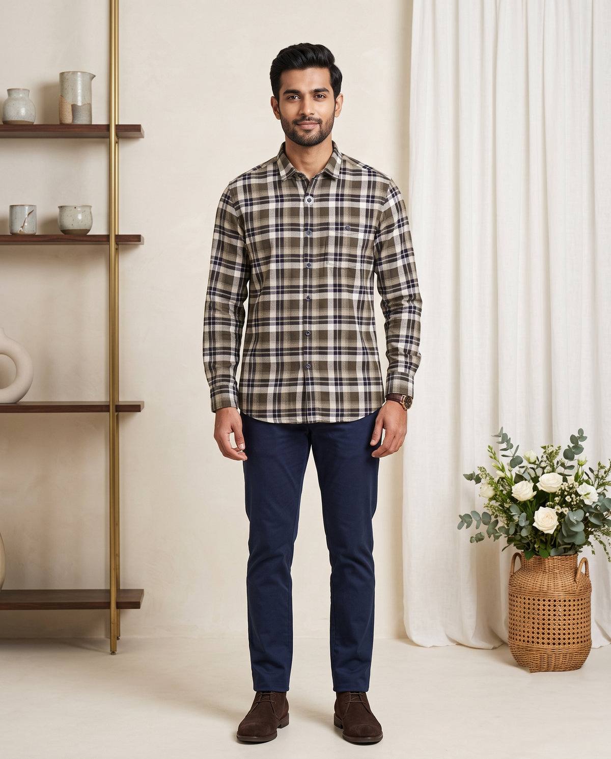 Men's Olive & Navy Plaid Full-Sleeve Shirt