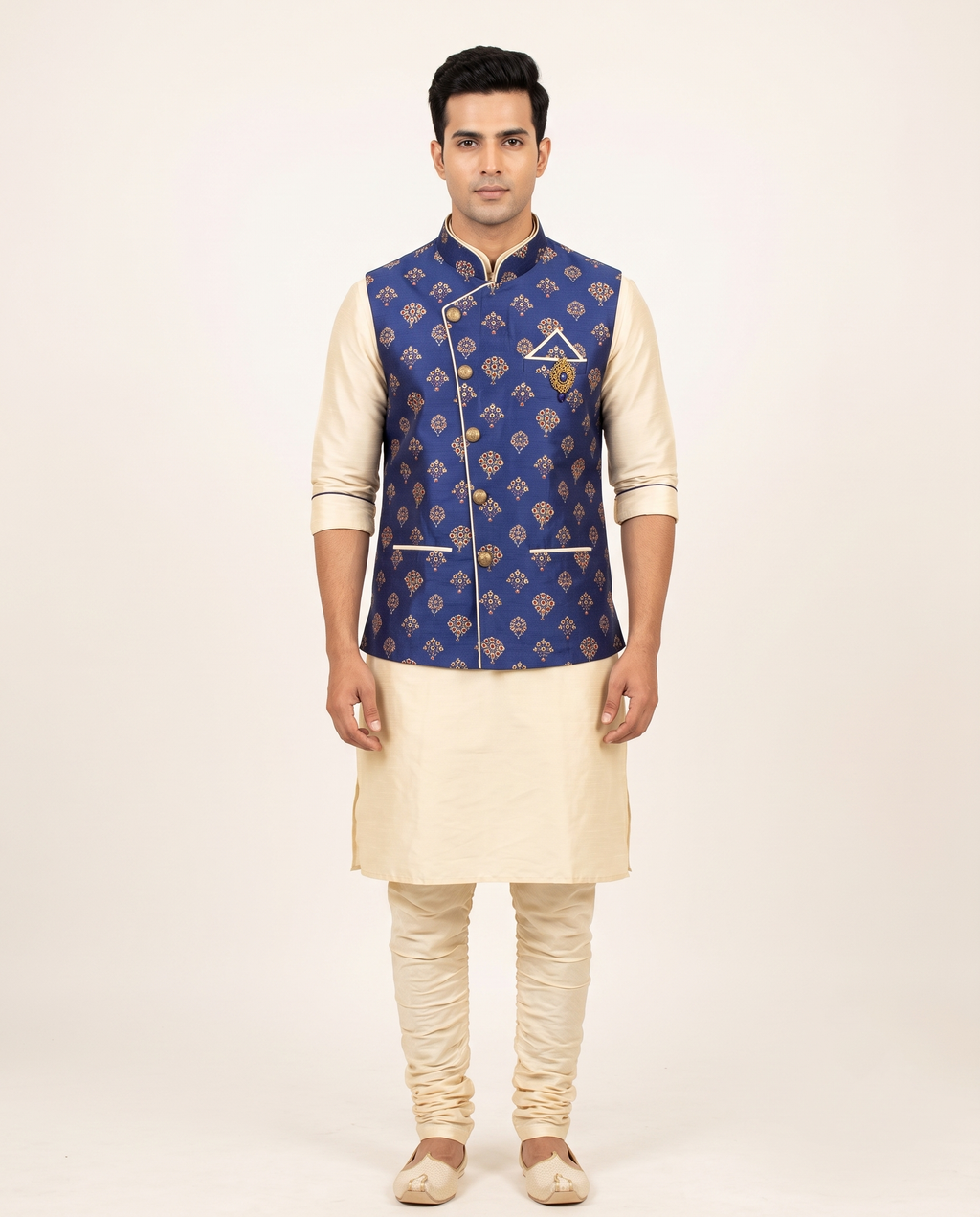 Men's Royal Blue Booti Printed Nehru Jacket & Cream Kurta Set