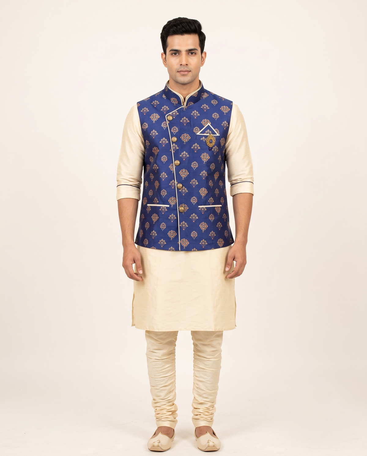 Men's Royal Blue Booti Printed Nehru Jacket & Cream Kurta Set