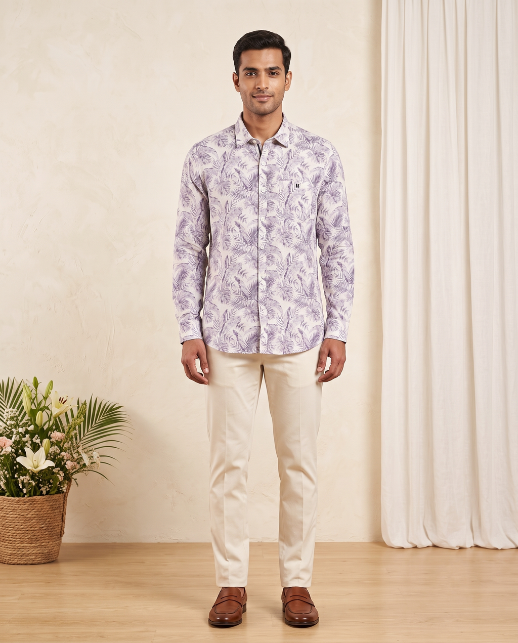 Men's Tropical Palm Leaf Printed Full Sleeve Shirt – Off White