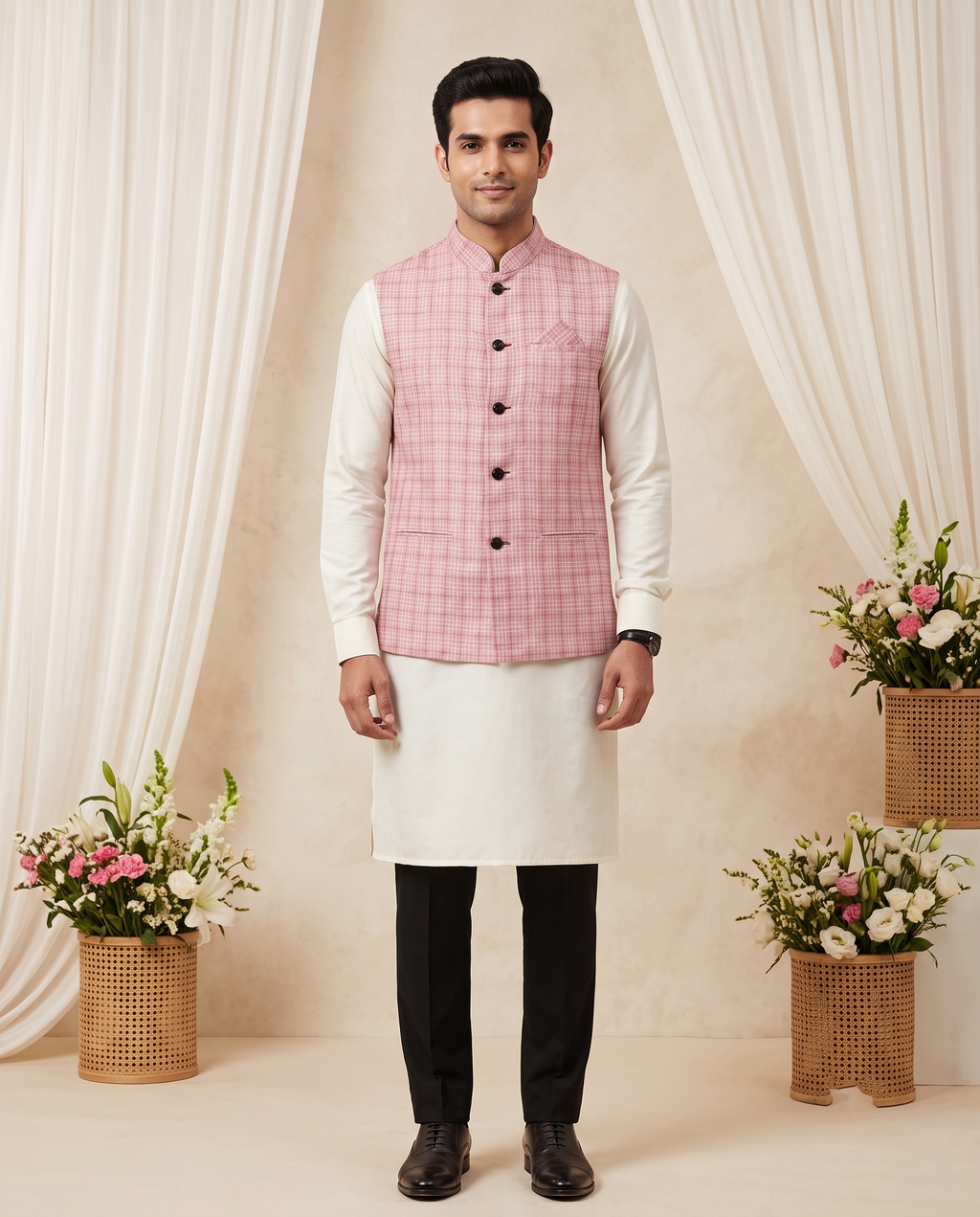 Nehru Jacket (Modi Coat) – Peach color Textured Weave
