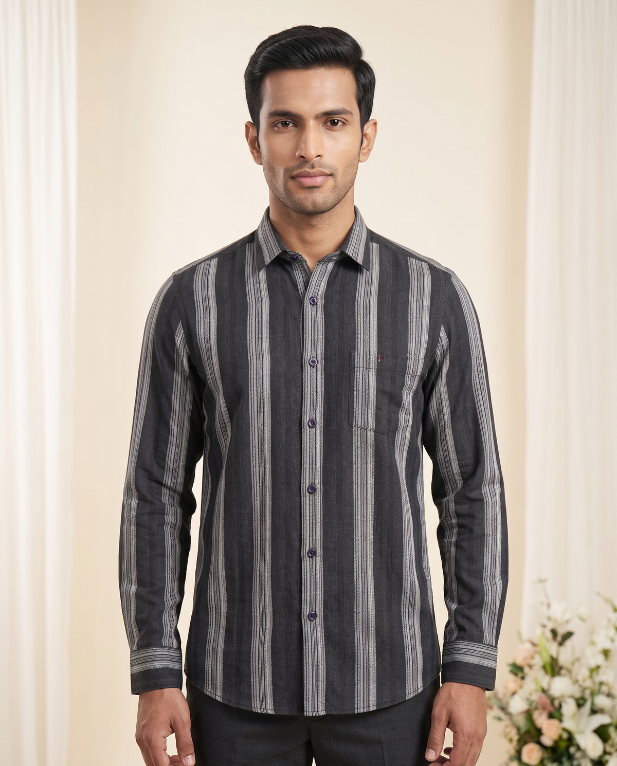 Men's Navy Striped Full-Sleeve Formal Shirt