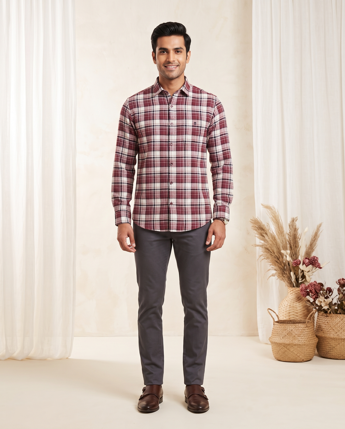 Men's Burgundy Tartan Check Full-Sleeve Shirt