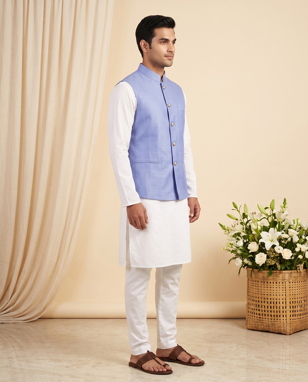 Men's Sky Blue Sleeveless Nehru Jacket (Modi Coat)