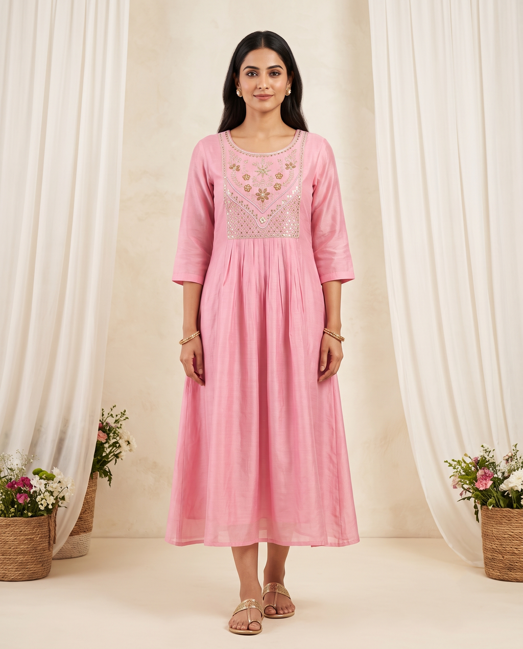 Pink Umbrella Kurti in Mul Chanderi with Yoke Work