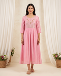 Pink Umbrella Kurti in Mul Chanderi with Yoke Work
