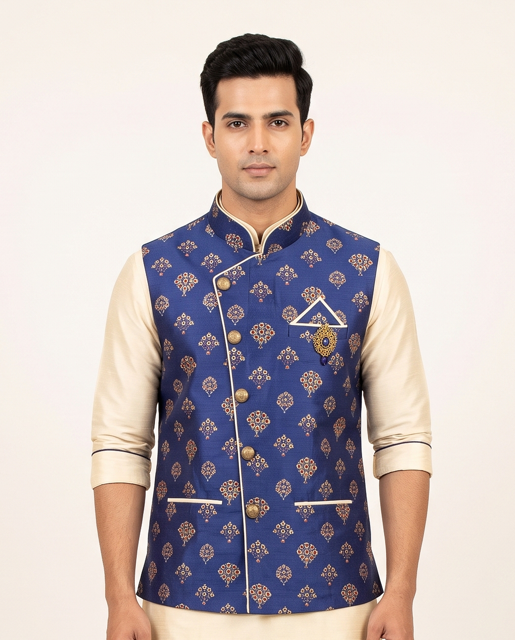 Men's Royal Blue Booti Printed Nehru Jacket & Cream Kurta Set