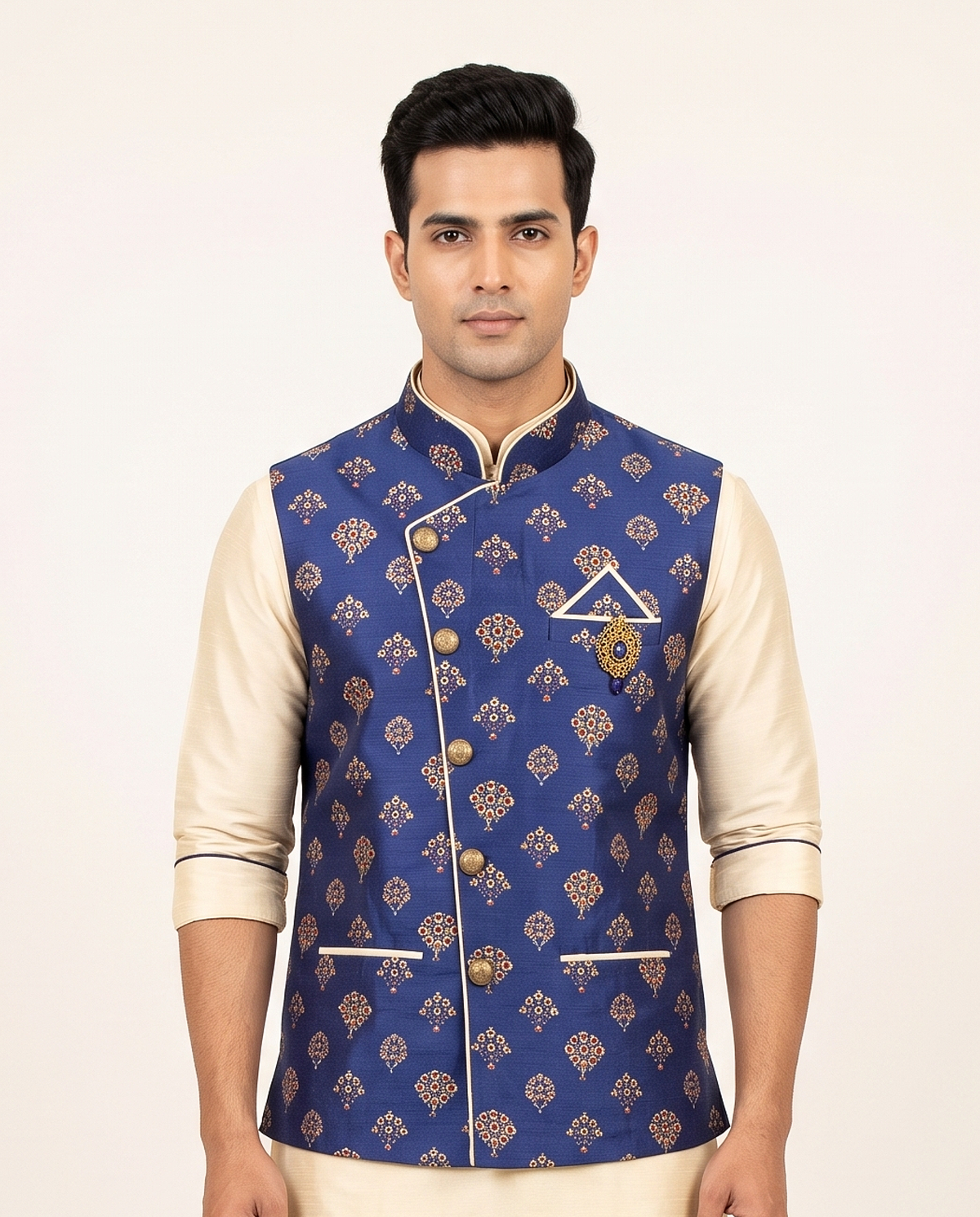 Men's Royal Blue Booti Printed Nehru Jacket & Cream Kurta Set
