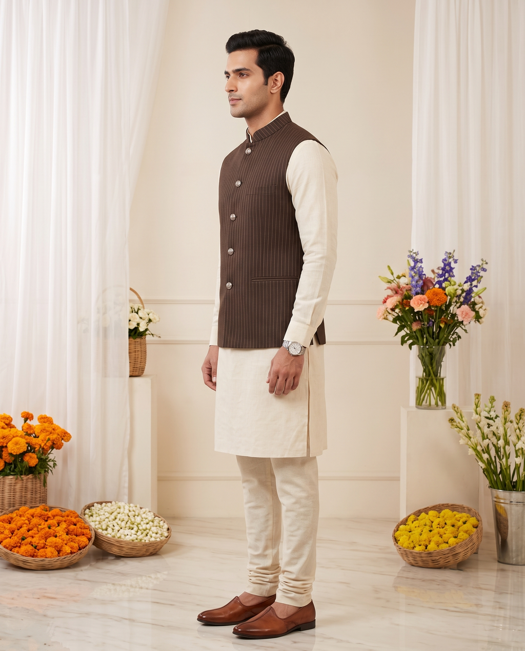 Men's Nehru Jacket (Modi Coat) – Dark Brown Pinstripe