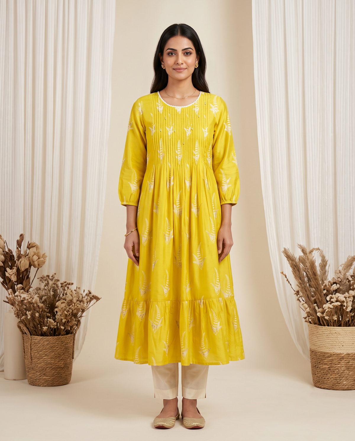 Yellow Umbrella Kurti with Thread & Sequence Work