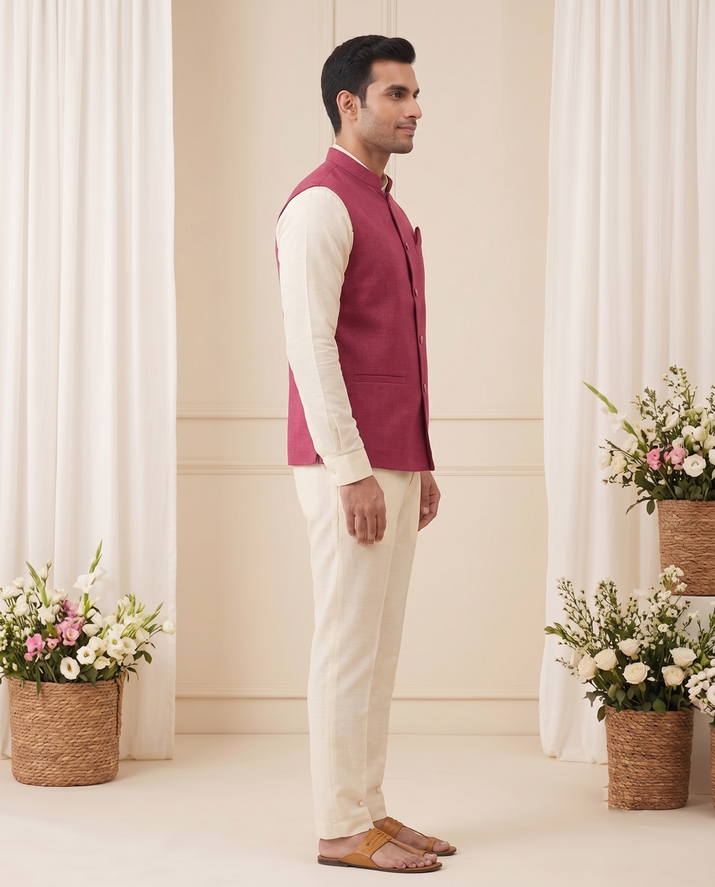 Men's Crimson Silk Blend Nehru Jacket | Modi Coat for Men