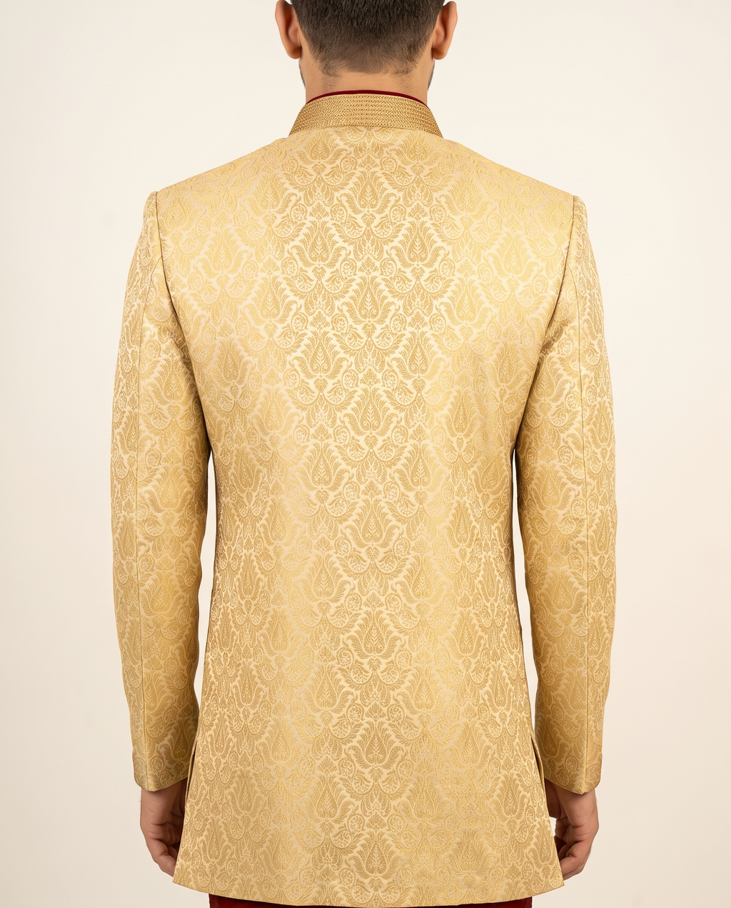 Men's Gold Jacquard Sherwani with Maroon Piping & Embroidered Collar