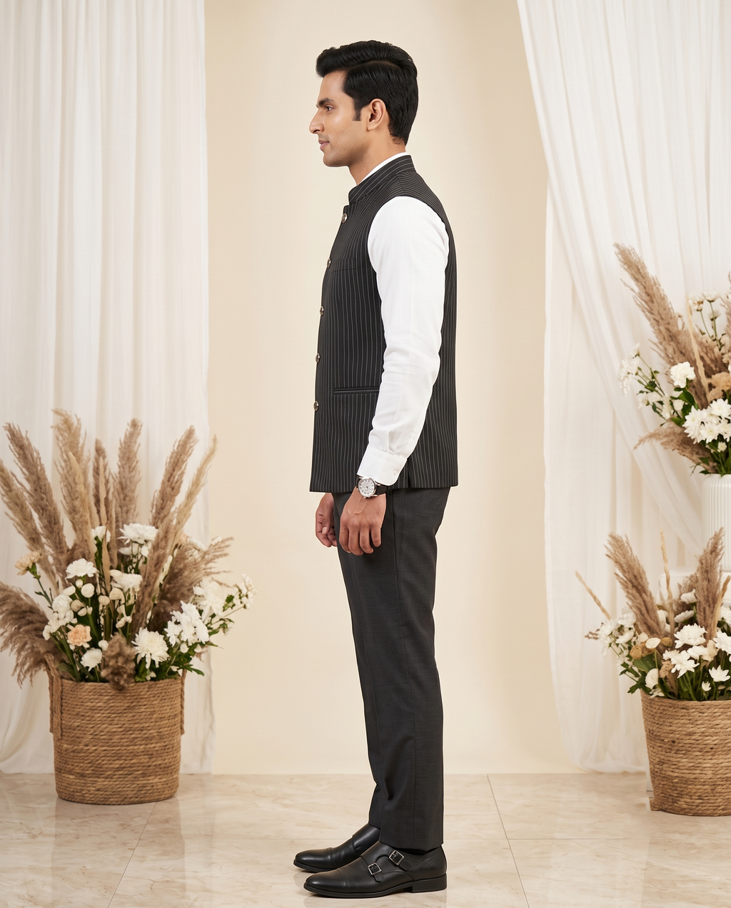 Men's Pinstripe Nehru Jacket (Modi Coat) – Charcoal