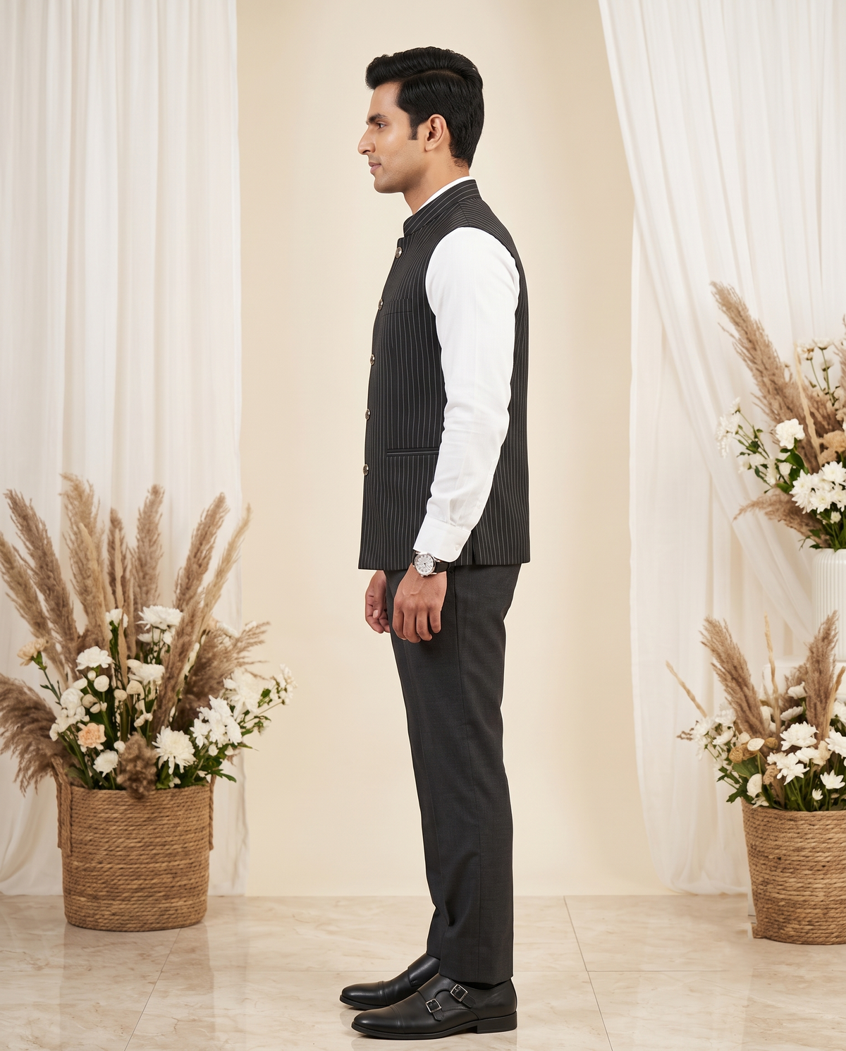 Men's Pinstripe Nehru Jacket (Modi Coat) – Charcoal