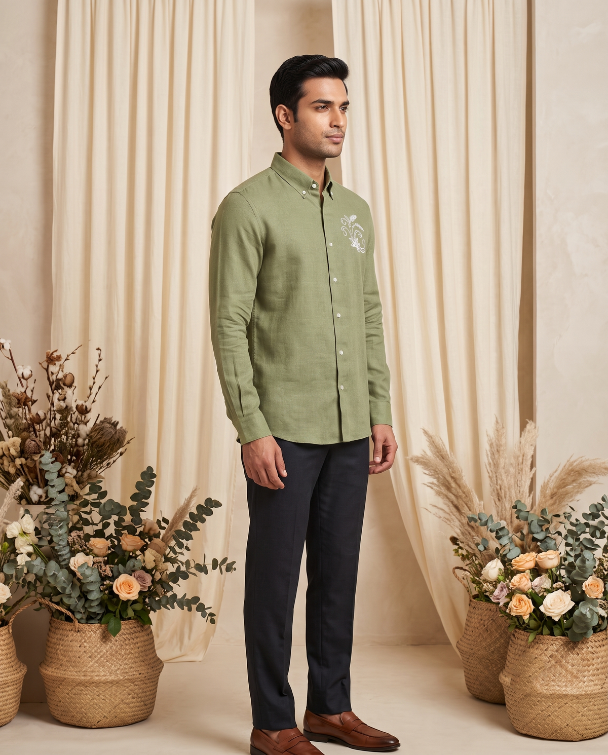 Men's Sage Green Embroidered Linen Full Sleeve Shirt