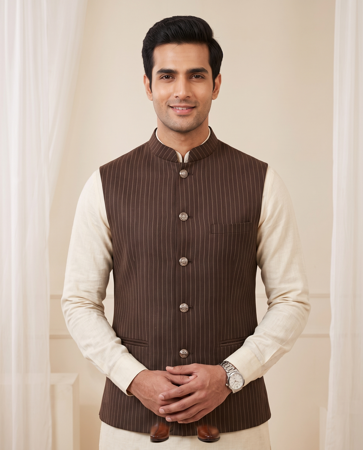 Men's Nehru Jacket (Modi Coat) – Dark Brown Pinstripe