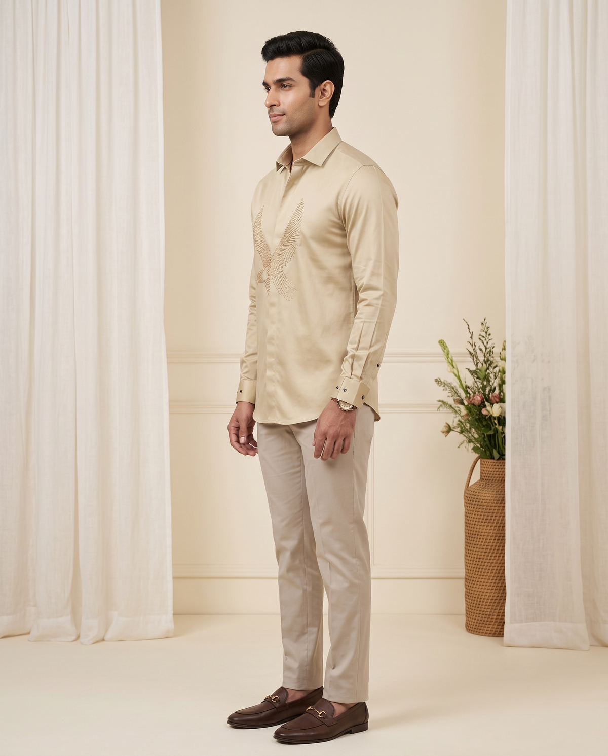 Men's Beige Pearl Studded Full-Sleeve Shirt