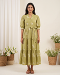 Olive Green Floral Embroidery Thread Work Tiered Maxi Frock